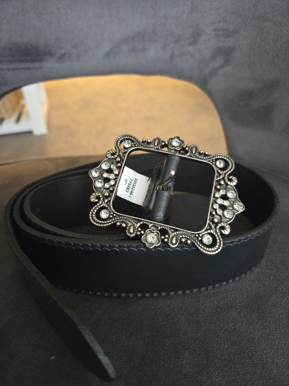 GAP Black Leather Belt with Ornate Silver-Tone Crystal Buckle